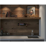 Wooden shelf with books, bottles, and a decorative poster in a kitchen setting.