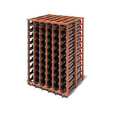 Wooden wine rack with multiple bottles on a white background
