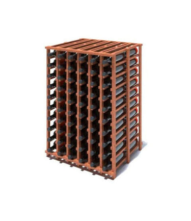 Wooden wine rack with multiple bottles on a white background