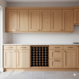 Wooden kitchen cabinets with a built-in wine rack.