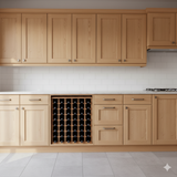 Wooden kitchen cabinets with a built-in wine rack.