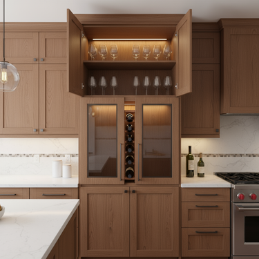 Wooden kitchen cabinet with wine storage and glass holders