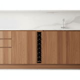Wooden kitchen cabinetry with a wine rack and sink on a white background
