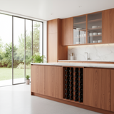 Modern kitchen with wooden cabinets, wine rack, and large windows.