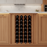Wooden wine rack embedded in a kitchen cabinet with bottles inside.