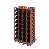 Wooden wine rack with multiple bottles on a white background