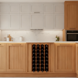 Wooden kitchen cabinets with a built-in wine rack.