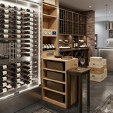 Modern wine cellar with wine bottles on racks and wooden shelves.