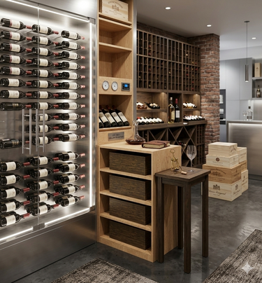Modern wine cellar with wine bottles on racks and wooden shelves.