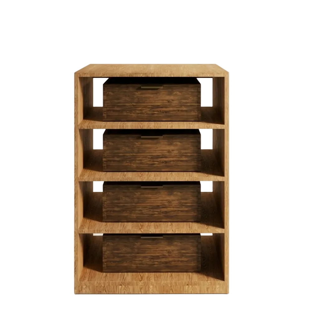 Wooden wine storage furniture with four shelves on a white background