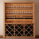 Wooden wine rack with shelves holding wine bottles and glasses.