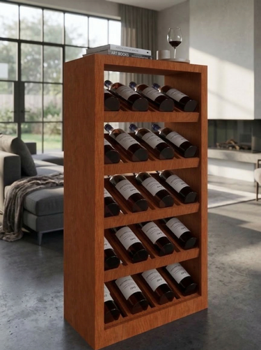 Wooden wine rack with bottles on a white background