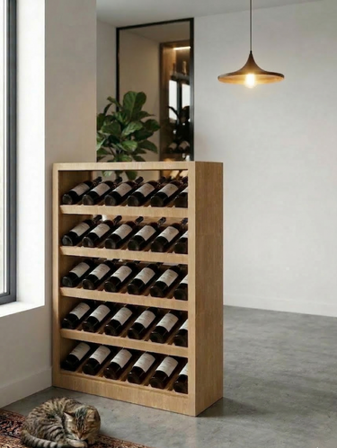 Wooden wine rack with bottles in a modern interior setting.