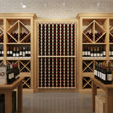 Wooden wine rack with bottles in a store setting