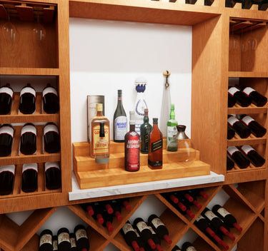 Wooden wine rack with various bottles including Johnnie Walker and Diageo products.