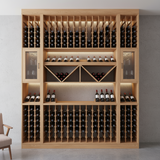 Wooden wine rack with bottles of wine against a gray wall