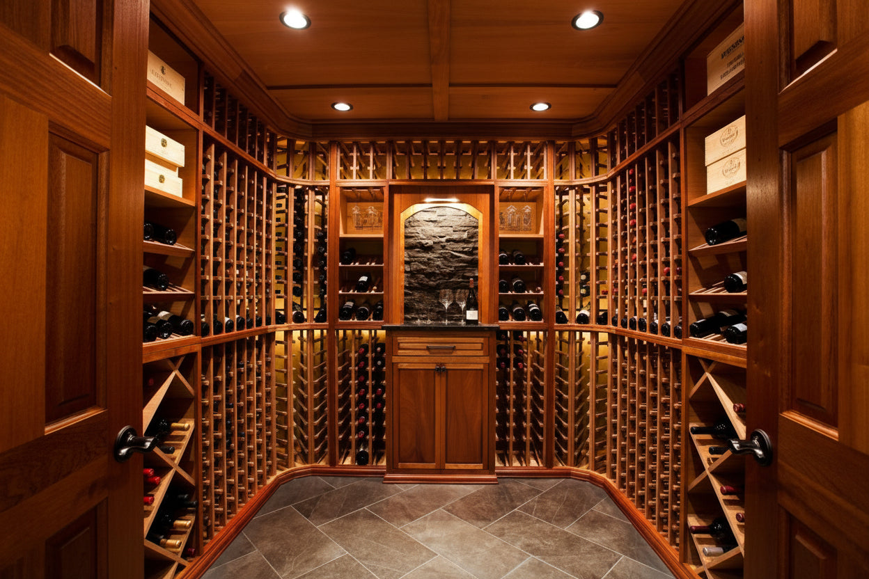 Wooden wine cellar with shelves filled with bottles