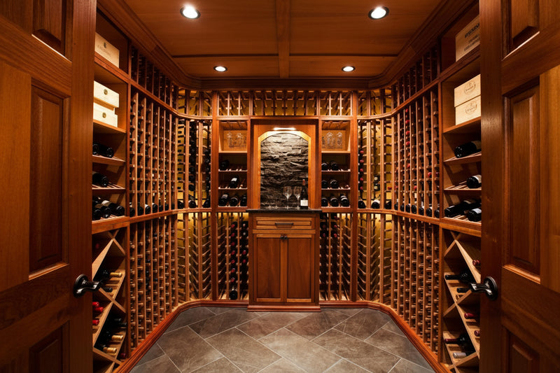 Wooden wine cellar with shelves filled with bottles
