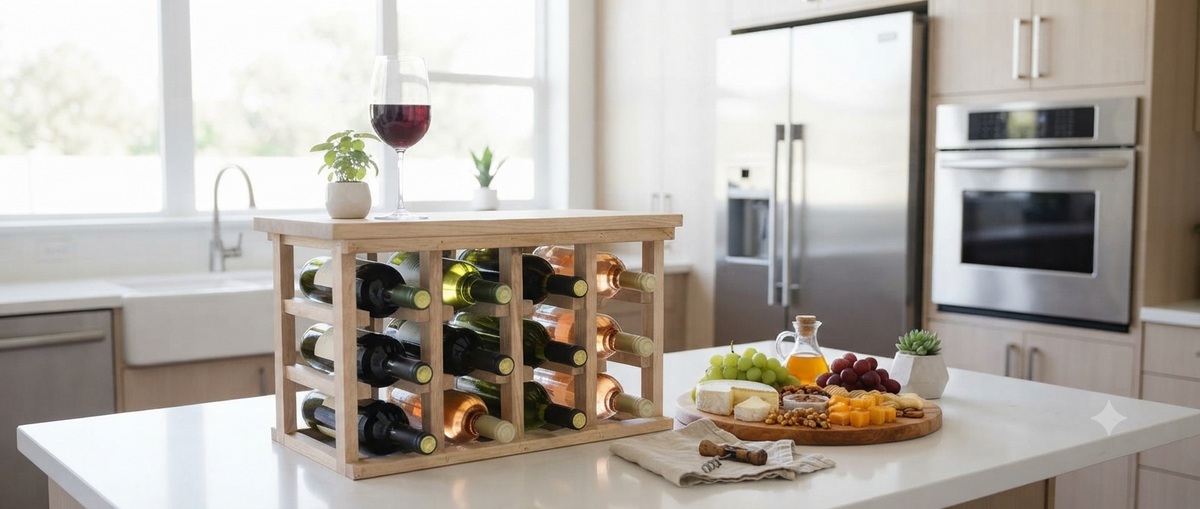 A light natural wood wine rack filled with wine bottles on a white kitchen island.