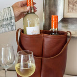 Leather Urban Dual Wine Tote in Cognac storing 2 wine bottles