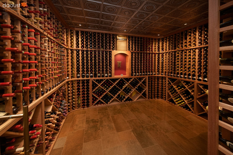 Wine cellar with wooden racks and bottles
