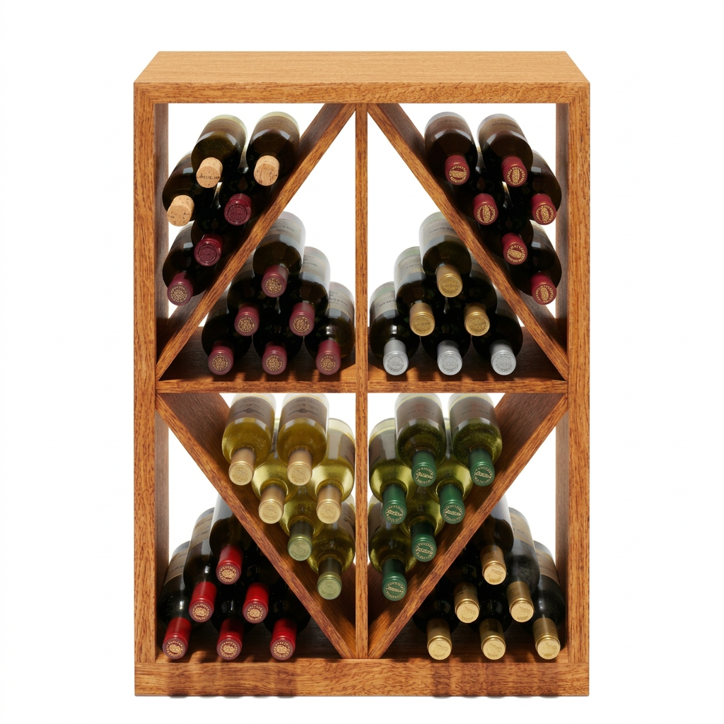 Wooden wine rack with bottles of various types on a white background