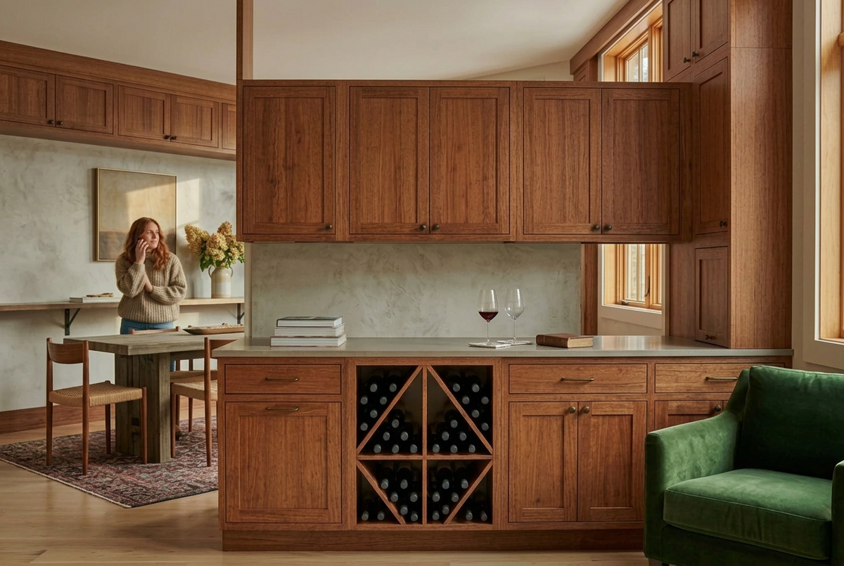 Wooden kitchen with wine rack, table, and chairs.