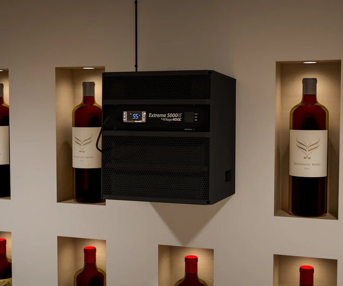 Wine bottles displayed in embedded shelves with a digital temperature control unit above.