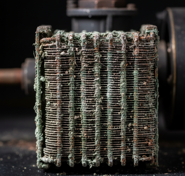 Rust-covered metal gear or pulley on a dark background