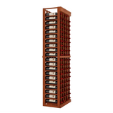 Tall wooden wine rack with multiple shelves on a white background