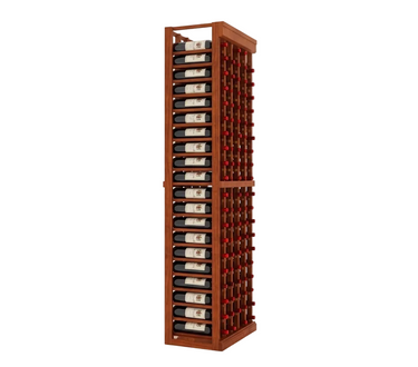 Tall wooden wine rack with multiple shelves on a white background