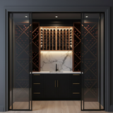 Modern wine cellar with glass doors and marble countertop