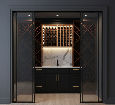 Modern wine cellar with glass doors and marble countertop