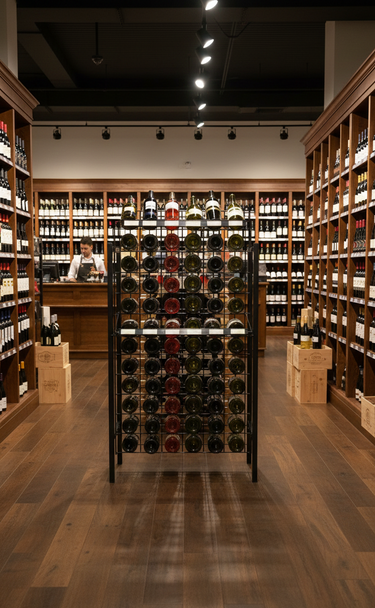 Wine store with wooden shelves and a wine rack displaying various bottles.