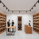 Modern wine cellar with wooden shelves and a reception desk.