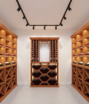 Wooden wine rack system in a modern wine cellar with track lighting.
