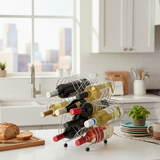 Wine rack with bottles on a kitchen counter
