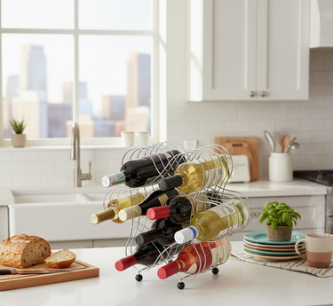 Wine rack with bottles on a kitchen counter