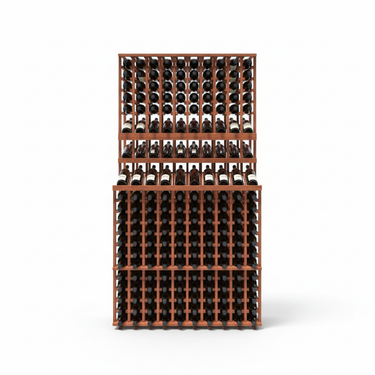 Wooden wine rack with bottles on a white background