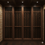 Wine cellar with wooden racks filled with wine bottles against a stone wall.