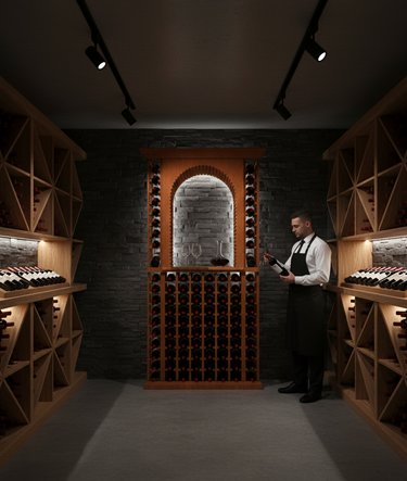 Man in a wine cellar holding a bottle of wine