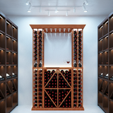 Modern wine cellar with wooden rack and shelves on a white floor and wall.