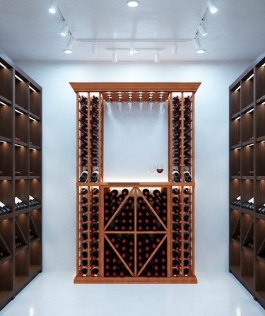 Modern wine cellar with wooden rack and shelves on a white floor and wall.