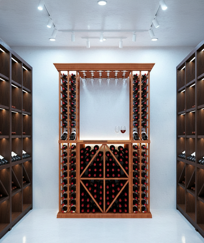 Modern wine cellar with wooden rack and shelves on a white floor and wall.