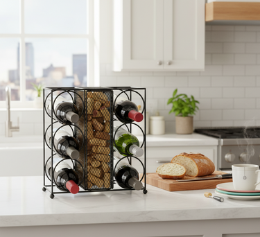 Wine rack with bottles on a kitchen counter with bread and coffee.