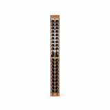 Wooden wine rack with multiple bottles on a white background