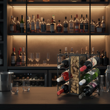 Wine rack with bottles on a bar counter with a blurred bar background