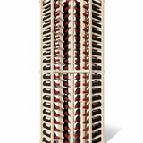 Wooden wine rack with multiple rows of wine bottles on a white background