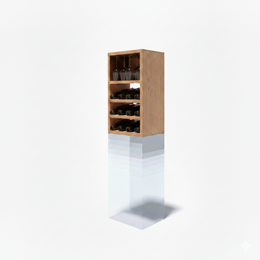 Wooden wine rack with glass bottles on a white background