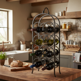 Wine rack with bottles on a kitchen counter